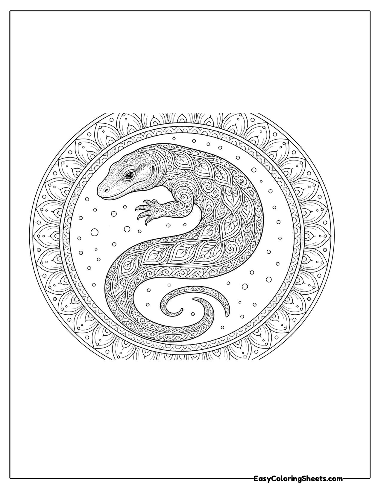 Komodo dragon inside a round mandala