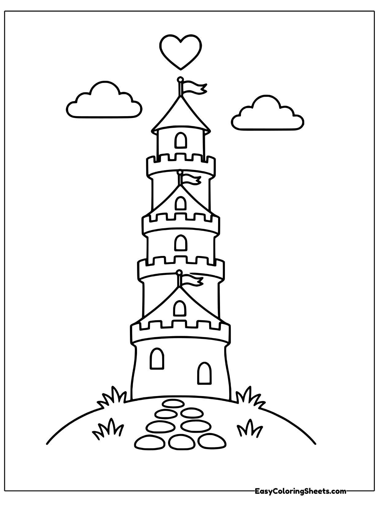 A slender tower is built from turret after turret stacked on top of one another, reaching up to a flag and a heart.