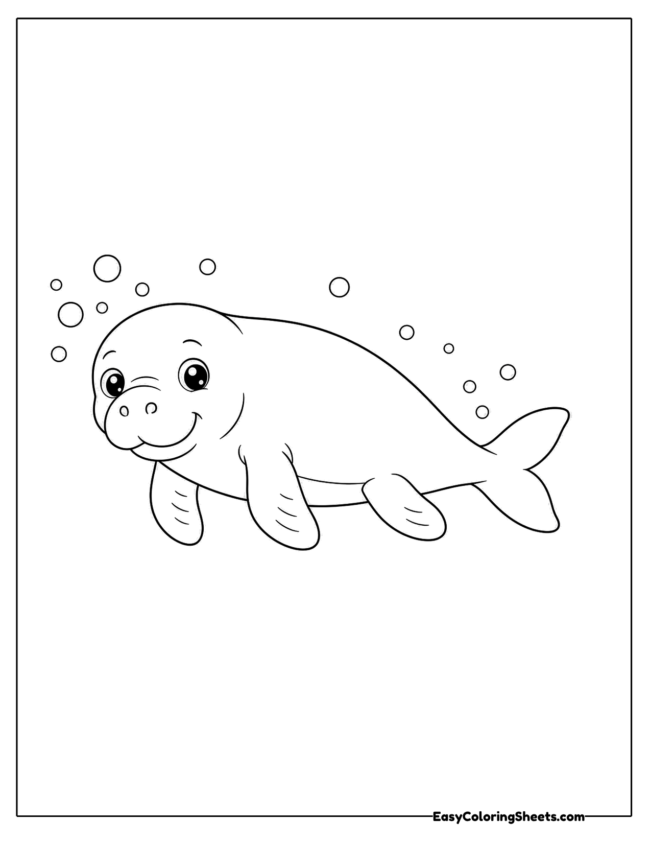 Manatee swimming with bubbles in side view
