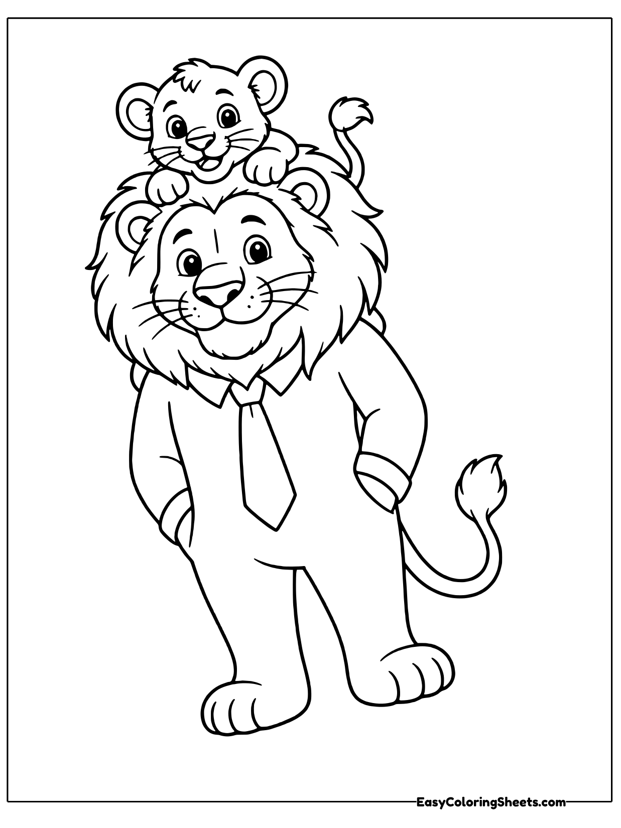 A proud lion dad in a shirt and necktie stands with his hands in his pockets while a happy cub rides on top of his fluffy.