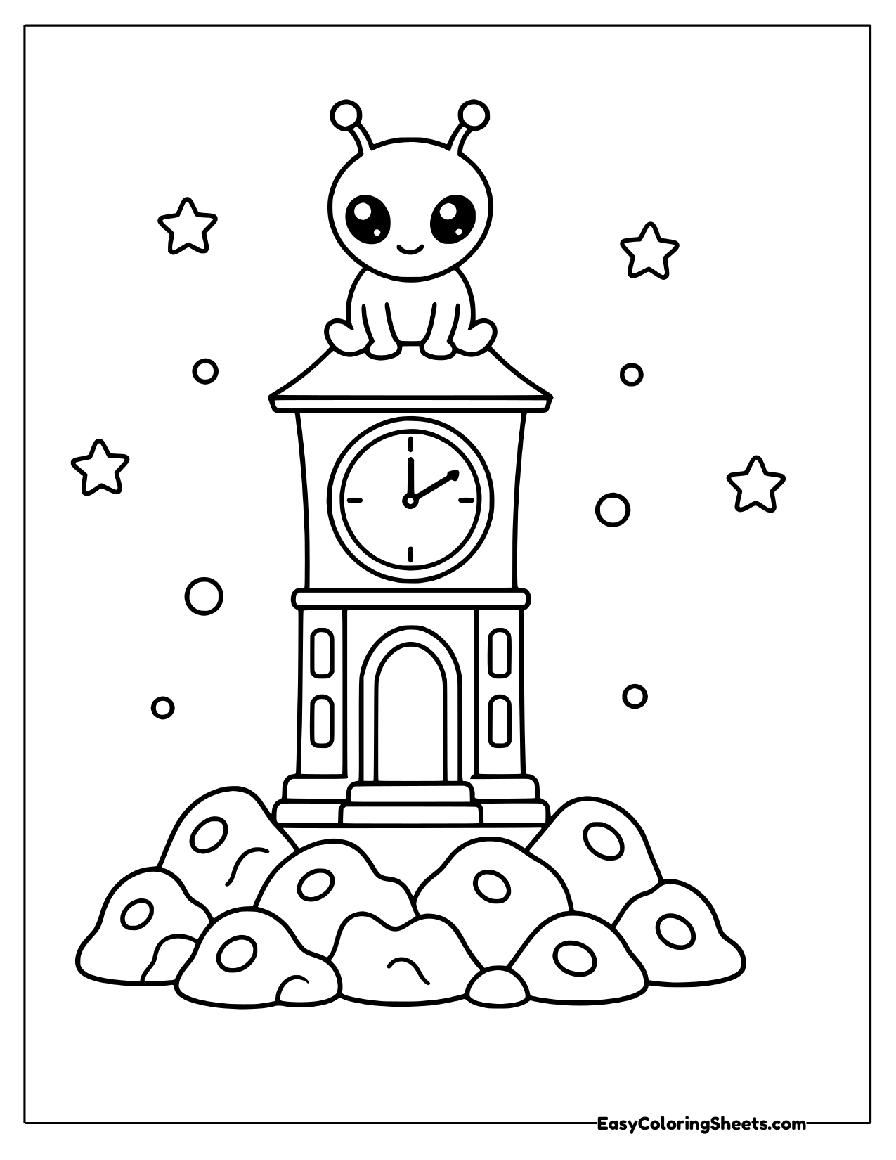 Alien sitting on top of a clock tower on moon rocks