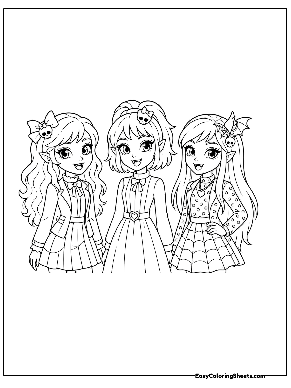 Three girls with long hair and bows stand side by side in stylish dresses and jackets.