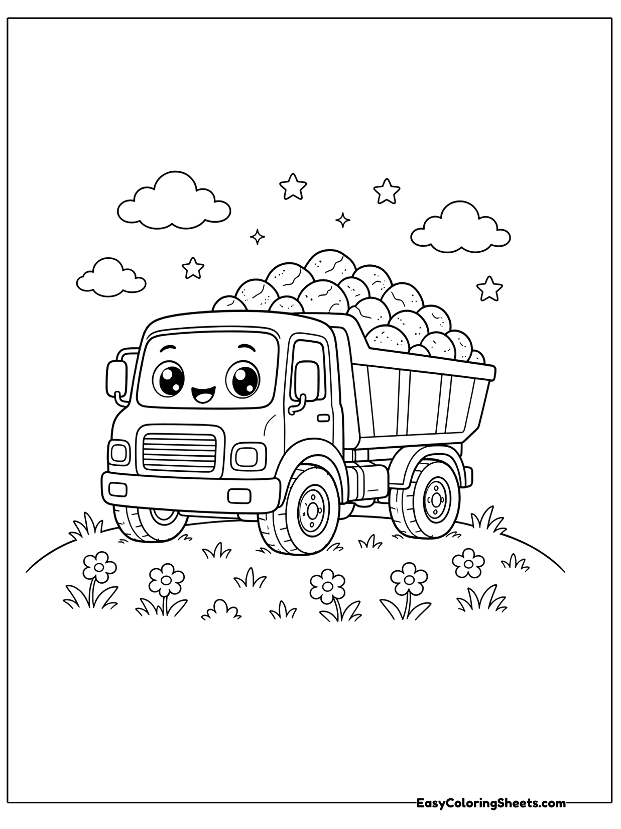 A cute chibi dump truck with big eyes and a smile carries a load of rocks, with stars and flowers around it.