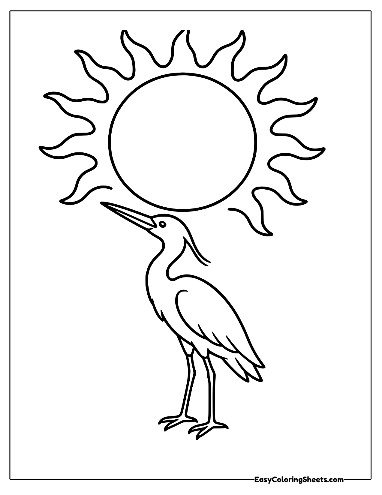 Large sun with curling rays above a slender standing heron