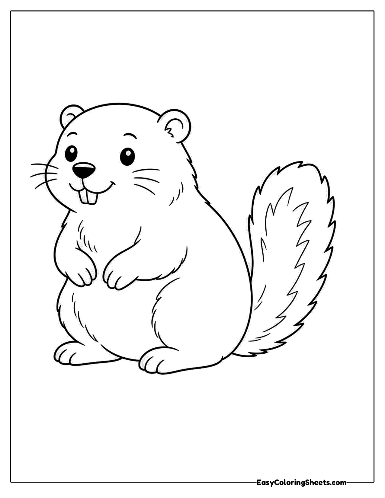Groundhog sitting upright showing its front teeth