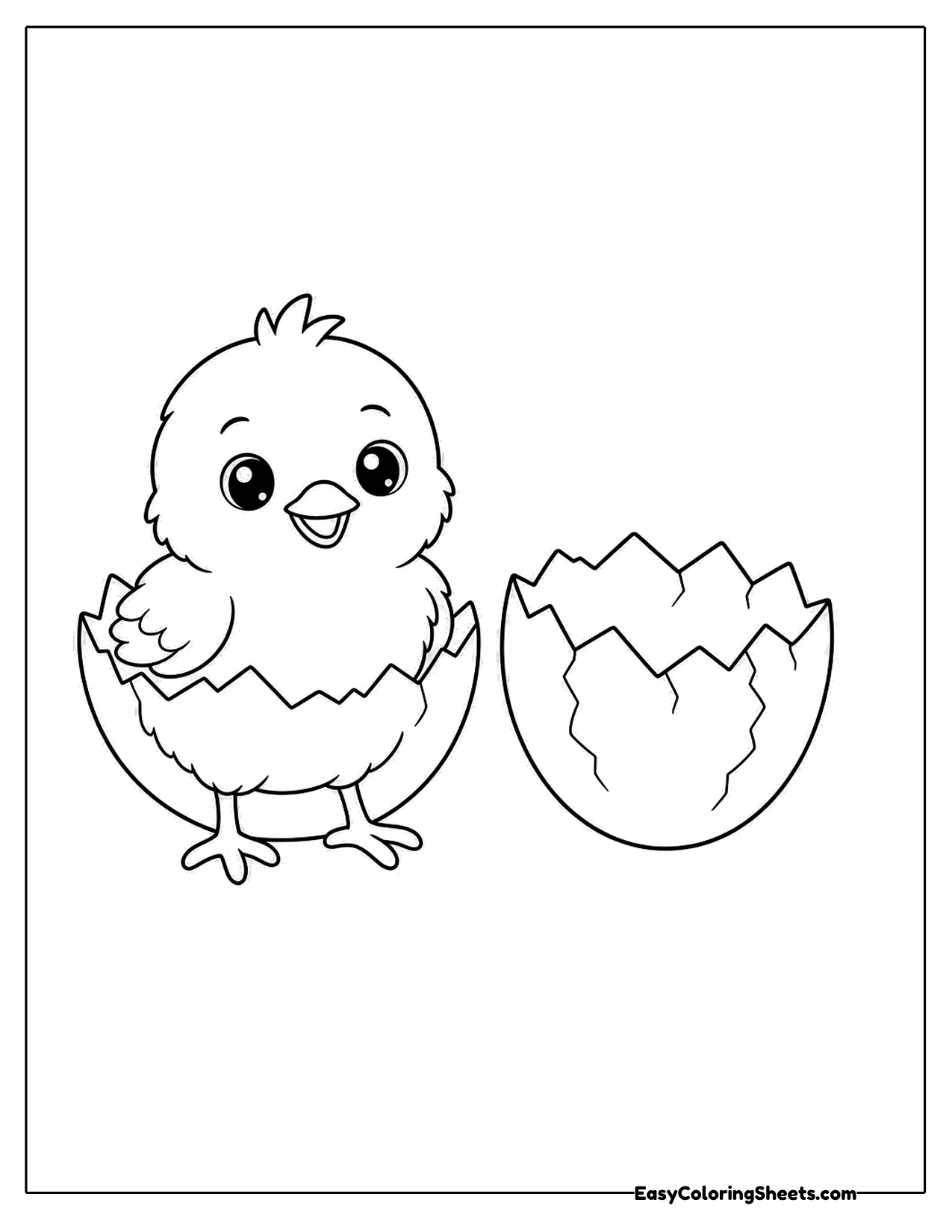 Chick hatching beside a cracked eggshell