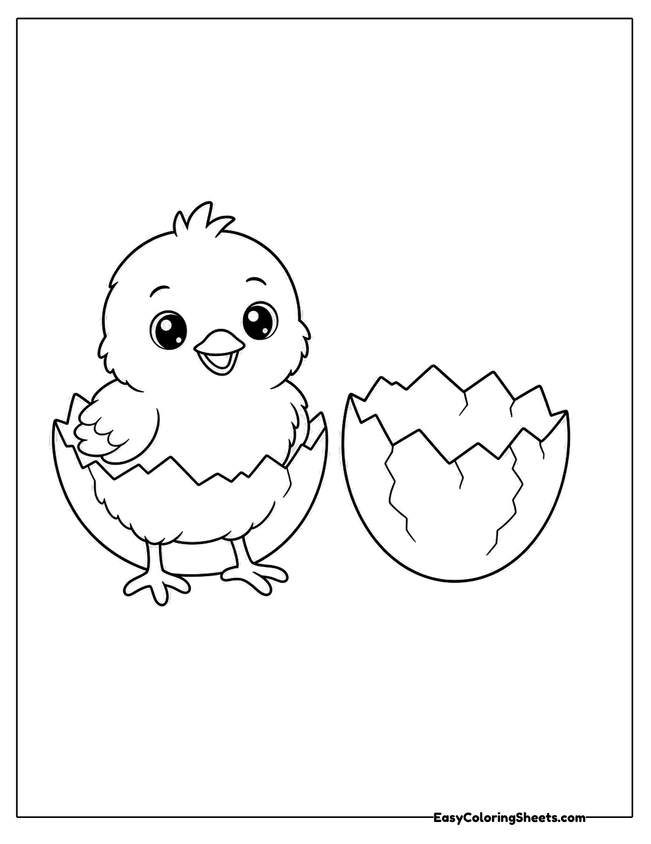 Chick hatching beside a cracked eggshell
