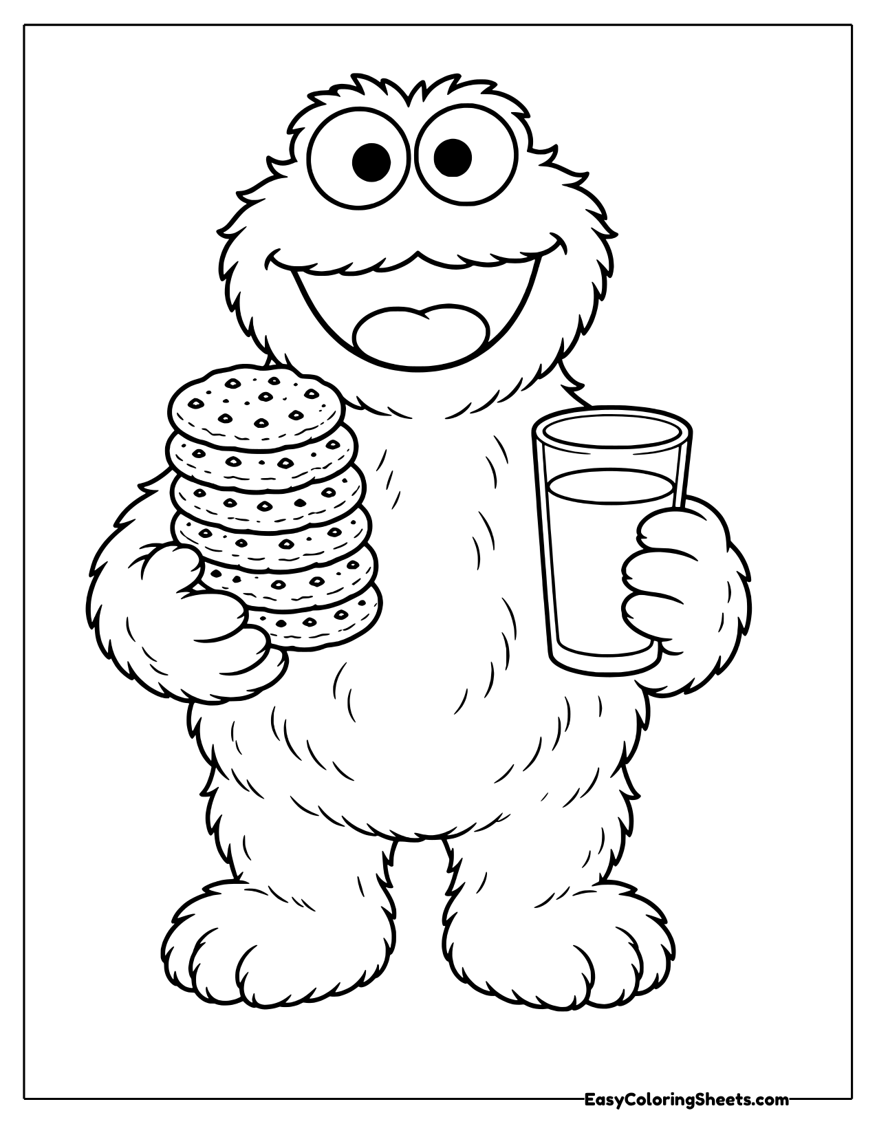 Cookie Monster holding a stack of cookies in one hand and a glass of milk in the other