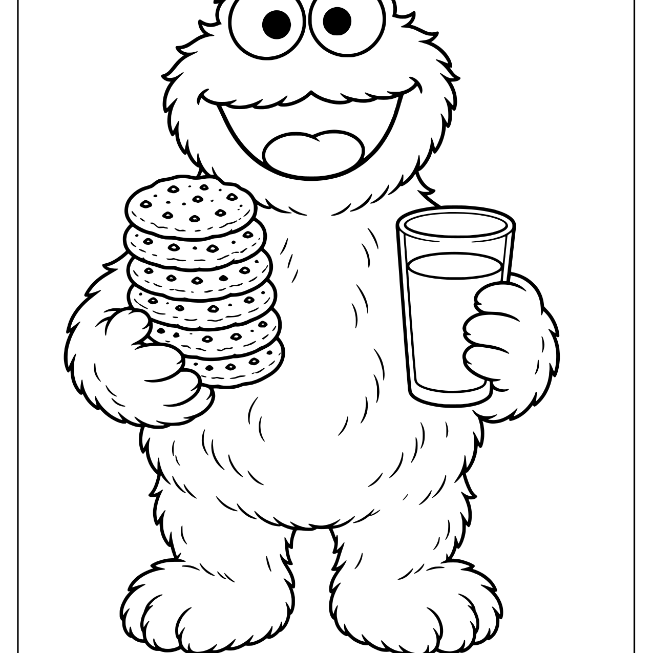 Cookie Monster holding a stack of cookies in one hand and a glass of milk in the other