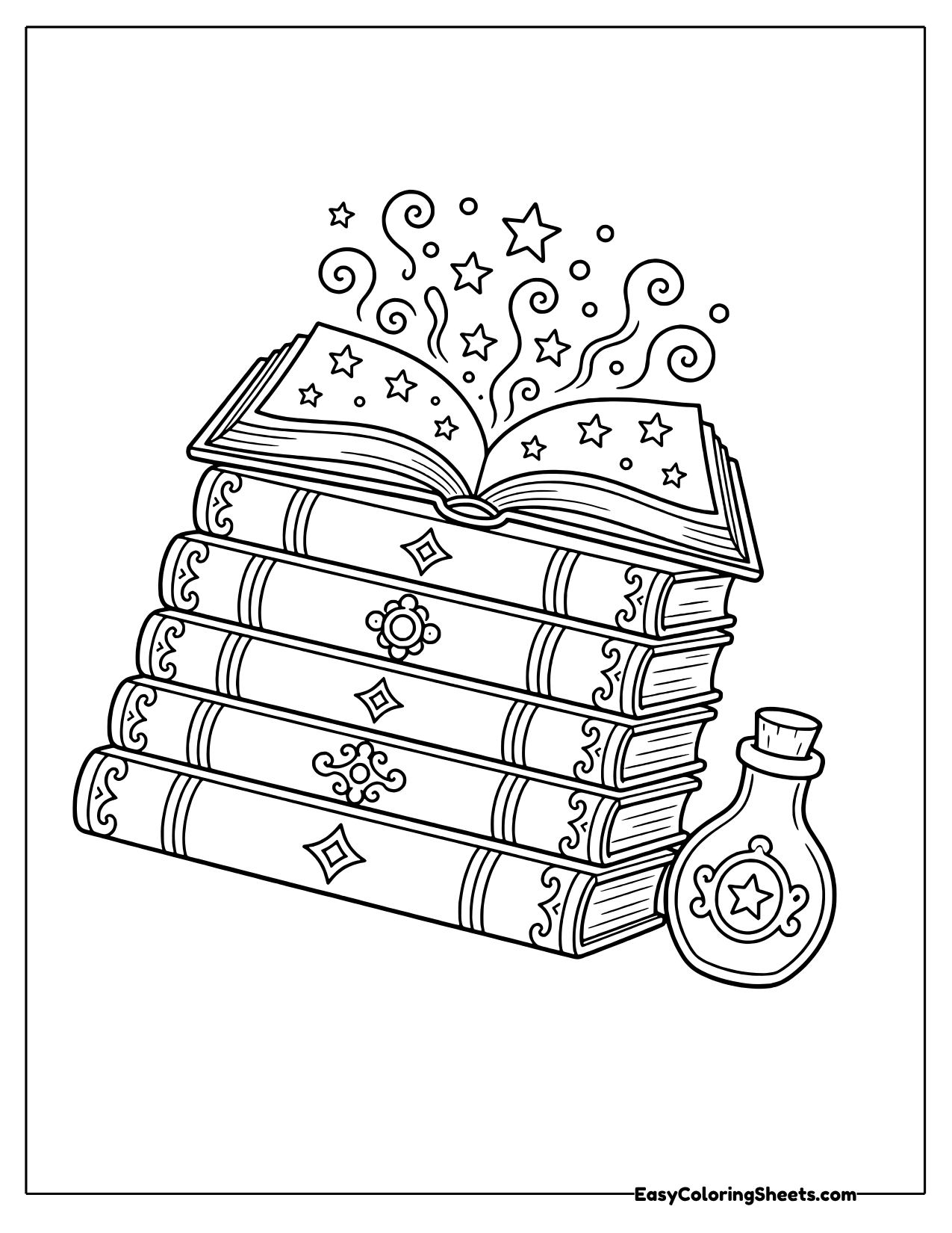 A tall stack of thick spellbooks with an open book on top sends sparkles into the air.