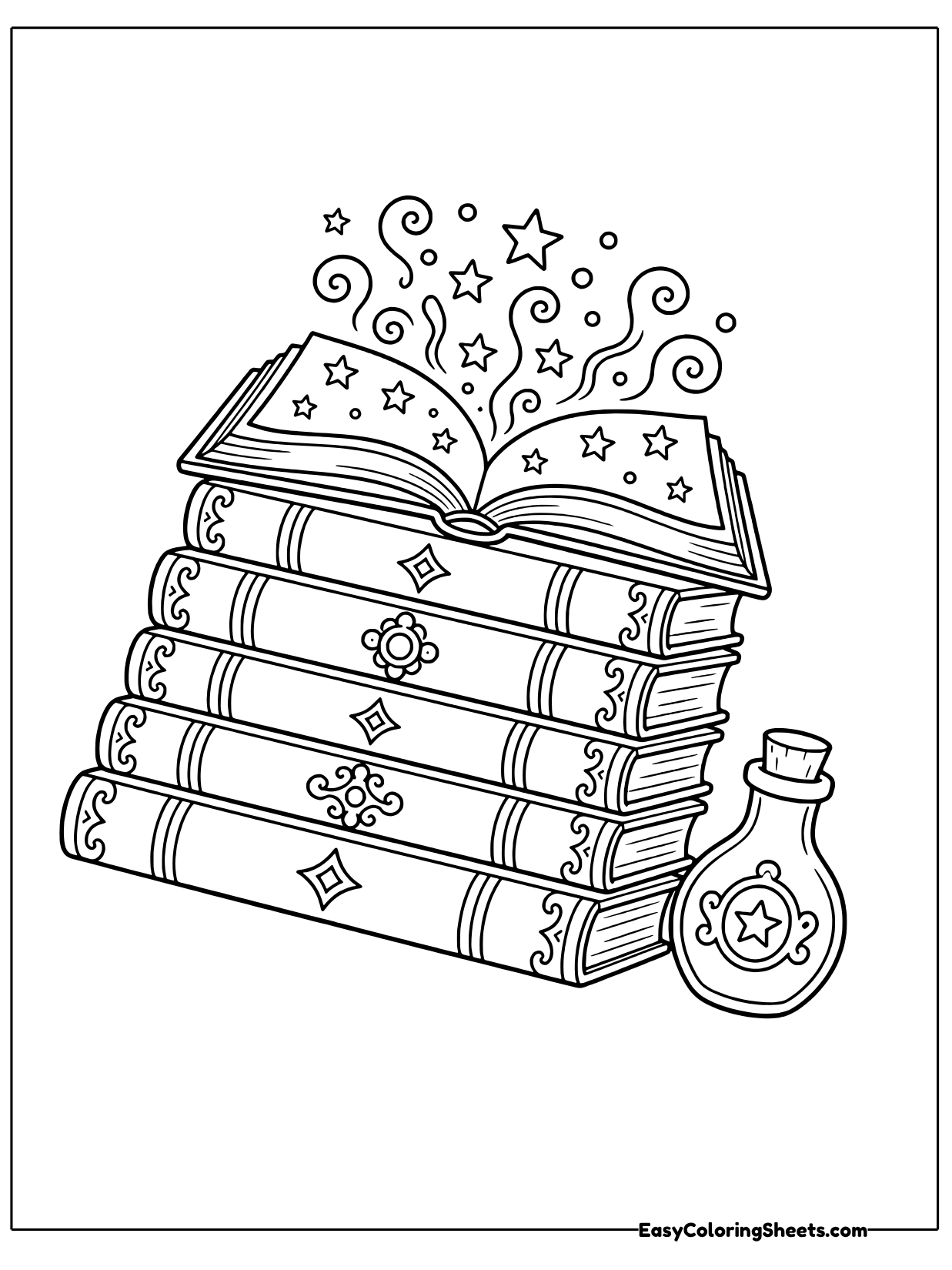 A tall stack of thick spellbooks with an open book on top sends sparkles into the air.