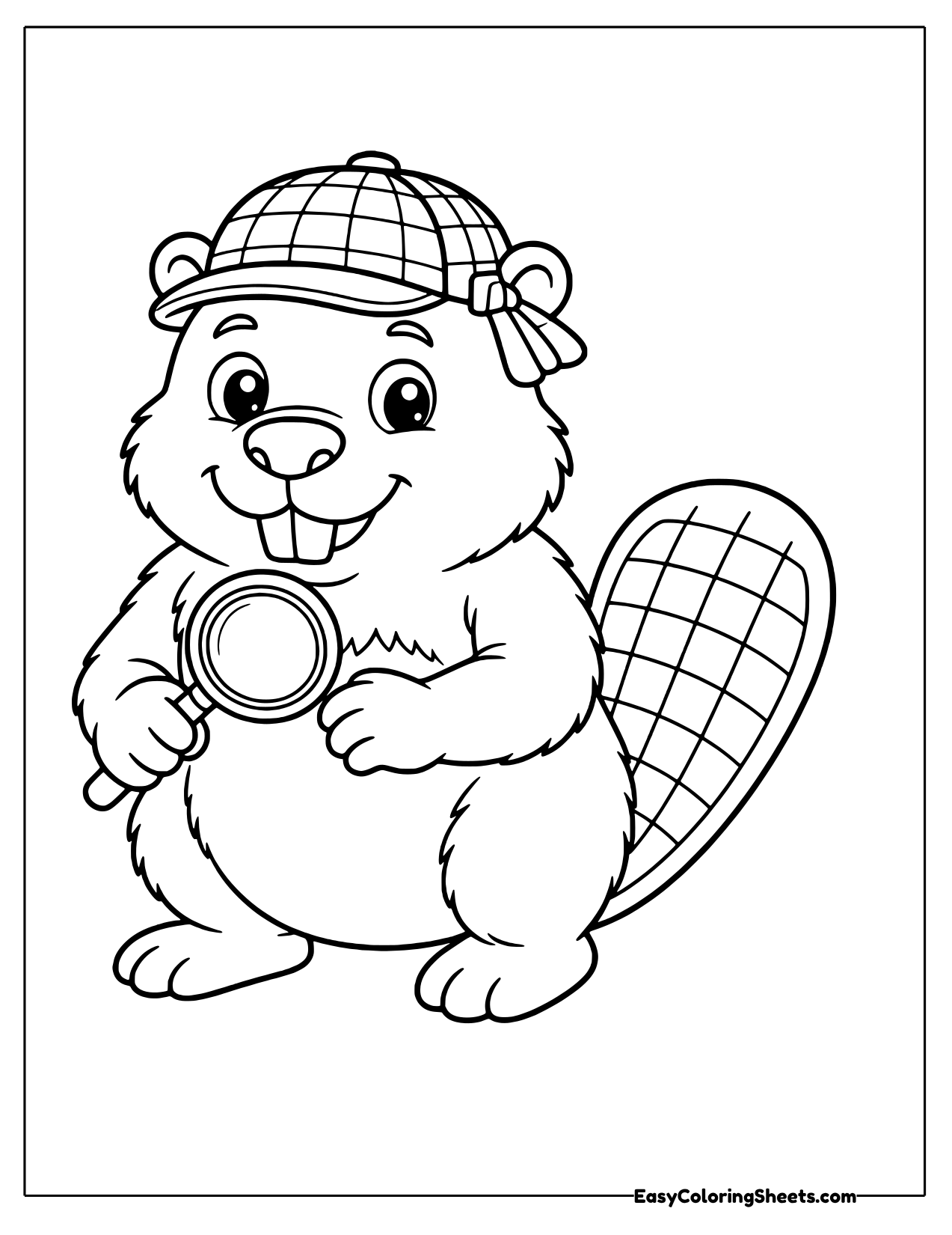 Smiling beaver detective in a plaid deerstalker cap holding a magnifying glass