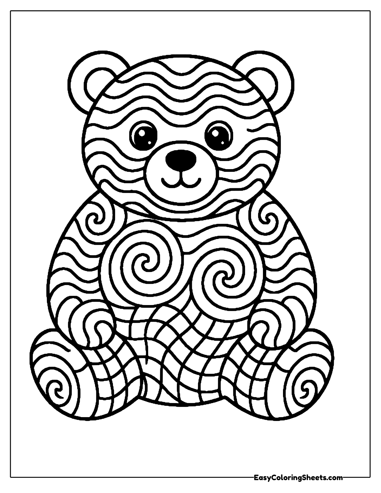 Chubby sitting bear covered in wavy bands and round swirls