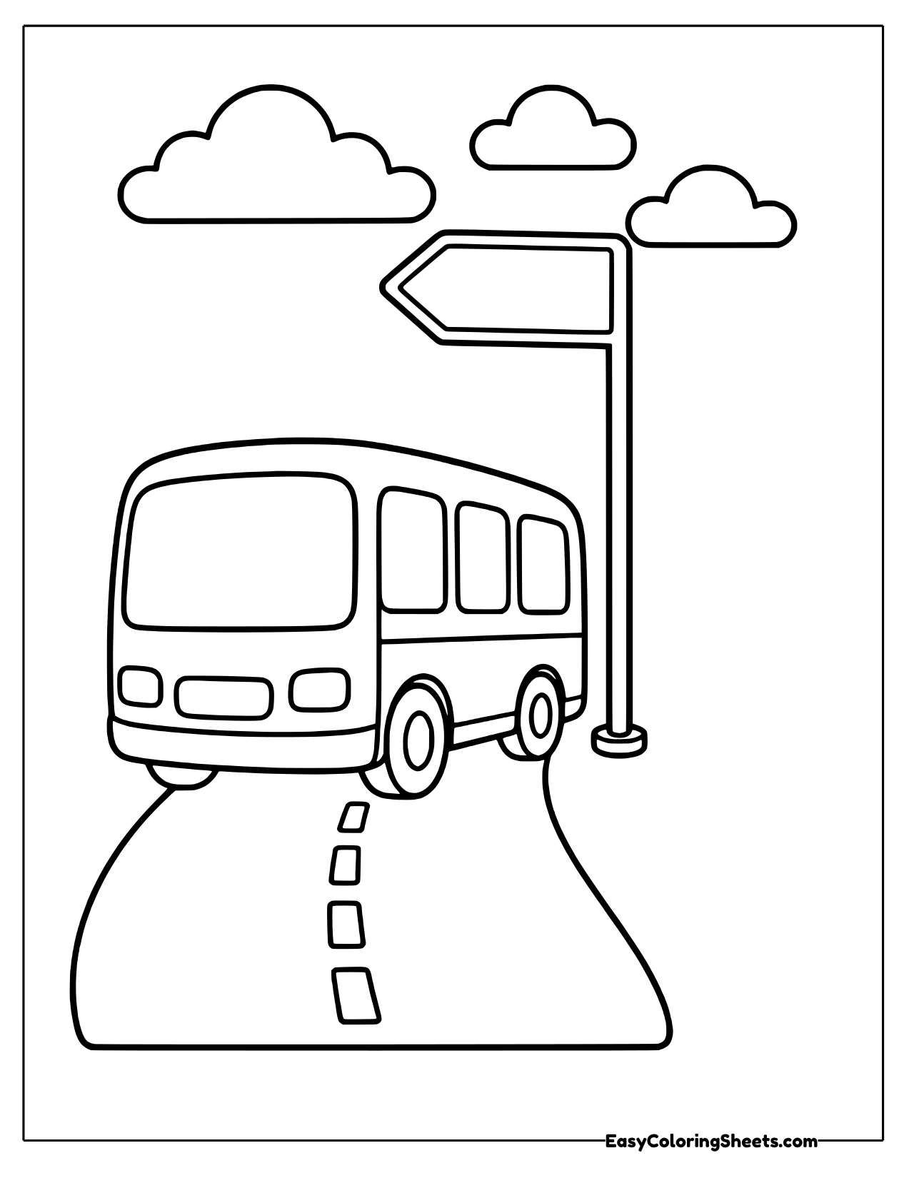 Bus passing a tall signpost