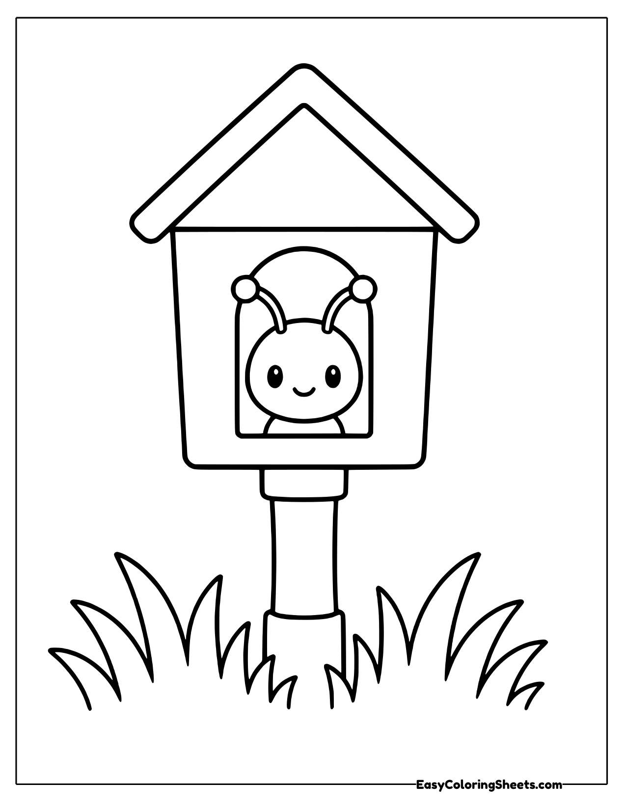 Ant peeking out of a birdhouse on a post