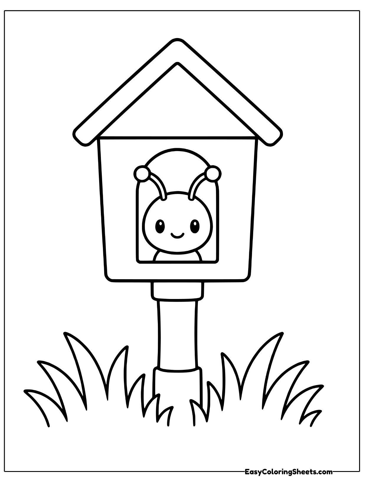 An ant peeks out of the round doorway of a little birdhouse on a post, surrounded by tufts of grass.