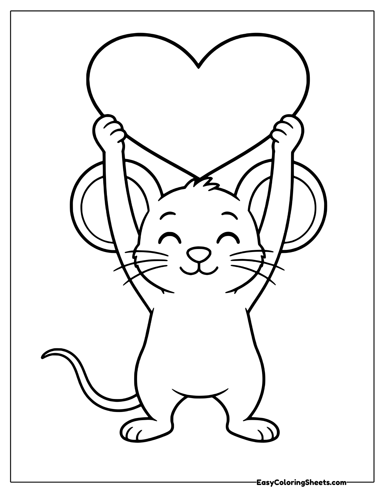 A happy little mouse lifts a giant heart high above its head, smiling with its eyes closed.