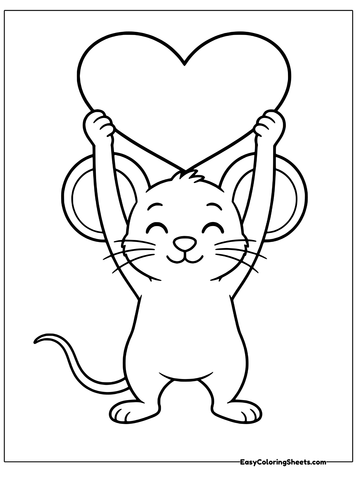 A happy little mouse lifts a giant heart high above its head, smiling with its eyes closed.