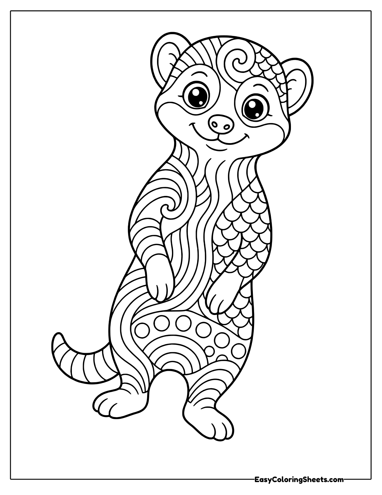 Standing meerkat filled with zentangle waves, swirls and circles