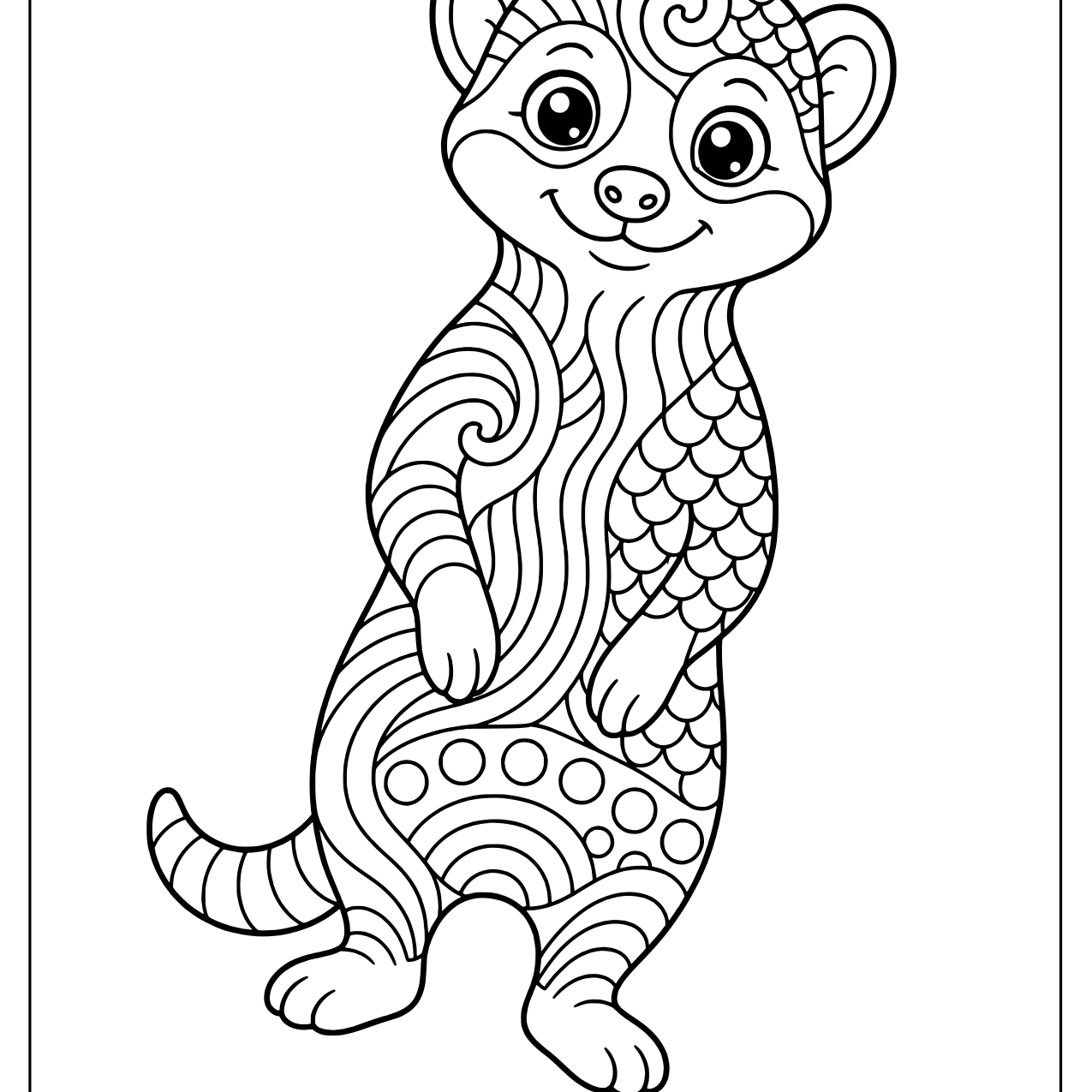 Standing meerkat filled with zentangle waves, swirls and circles