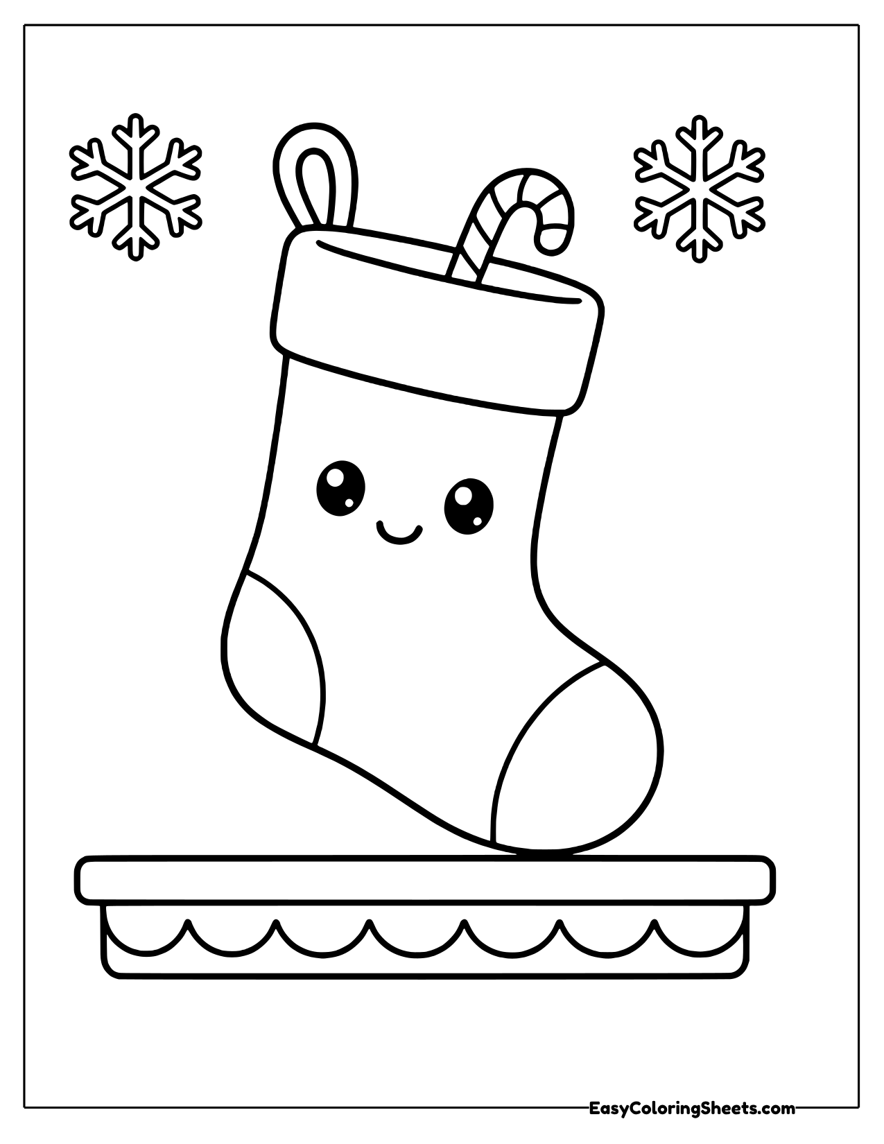 A cute stocking with a happy face hangs above a mantel shelf with a candy cane peeking out of the top.