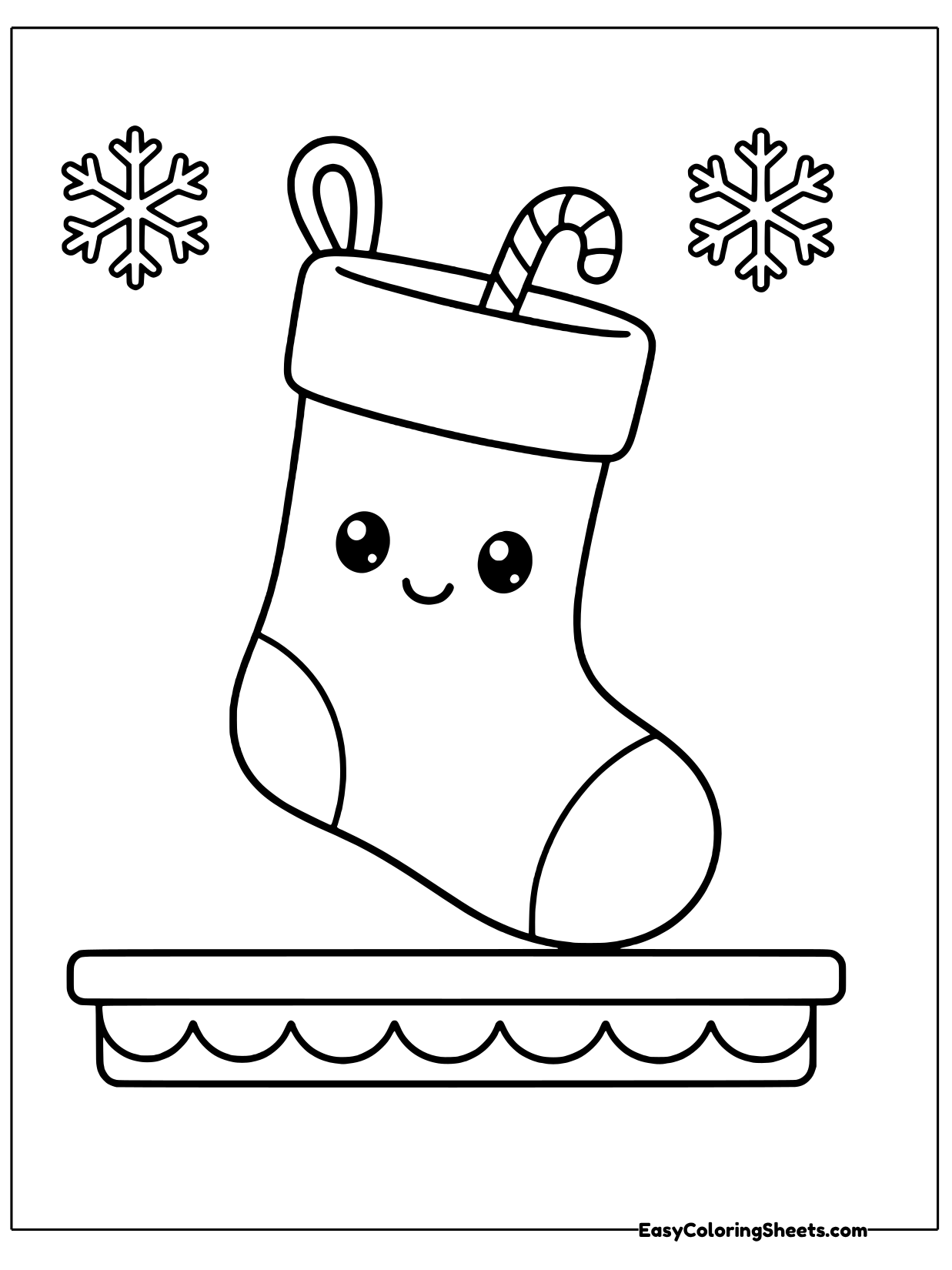 A cute stocking with a happy face hangs above a mantel shelf with a candy cane peeking out of the top.