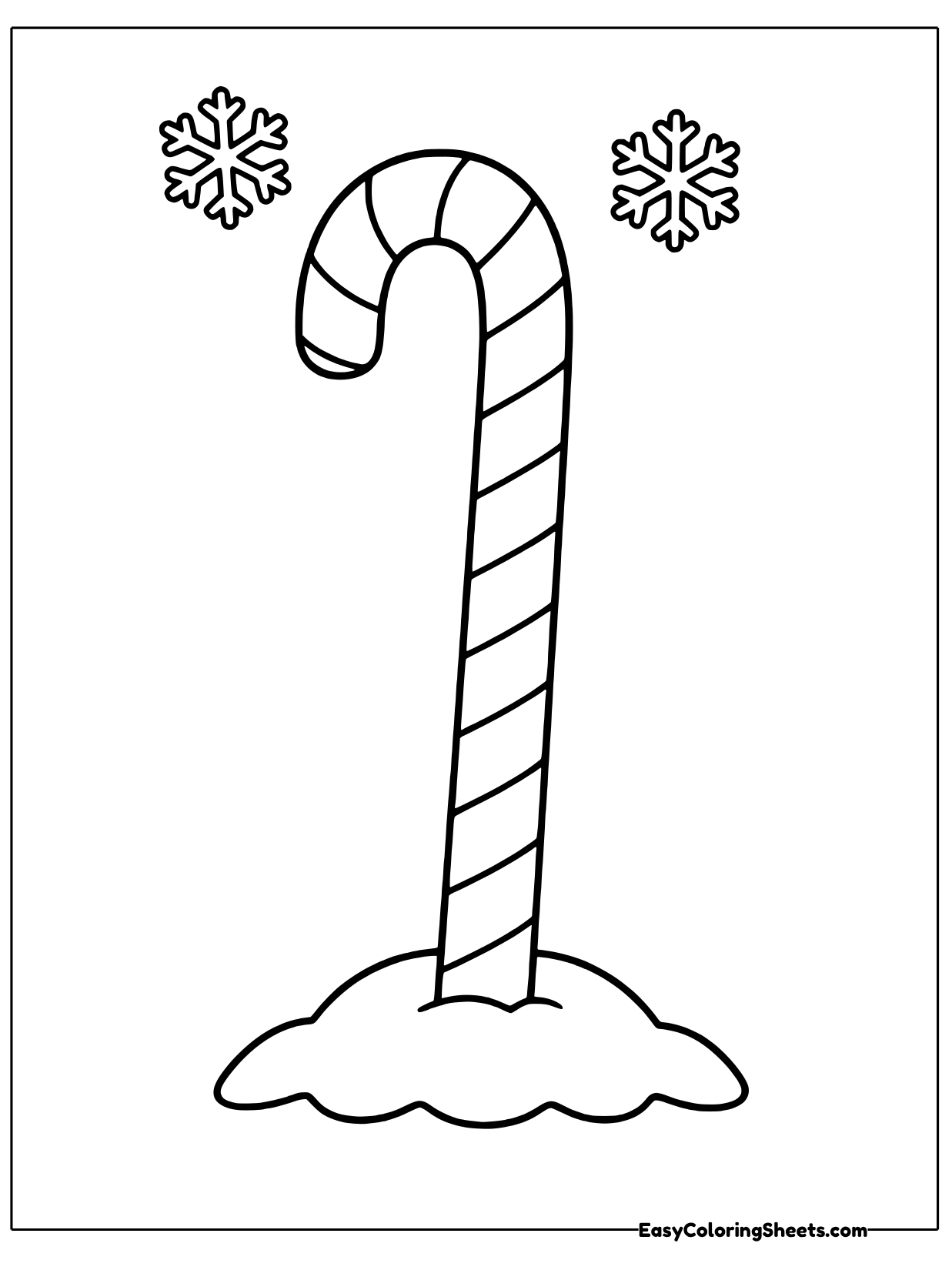 A giant candy cane stands upright in a small snowdrift with snowflakes drifting down on each side.
