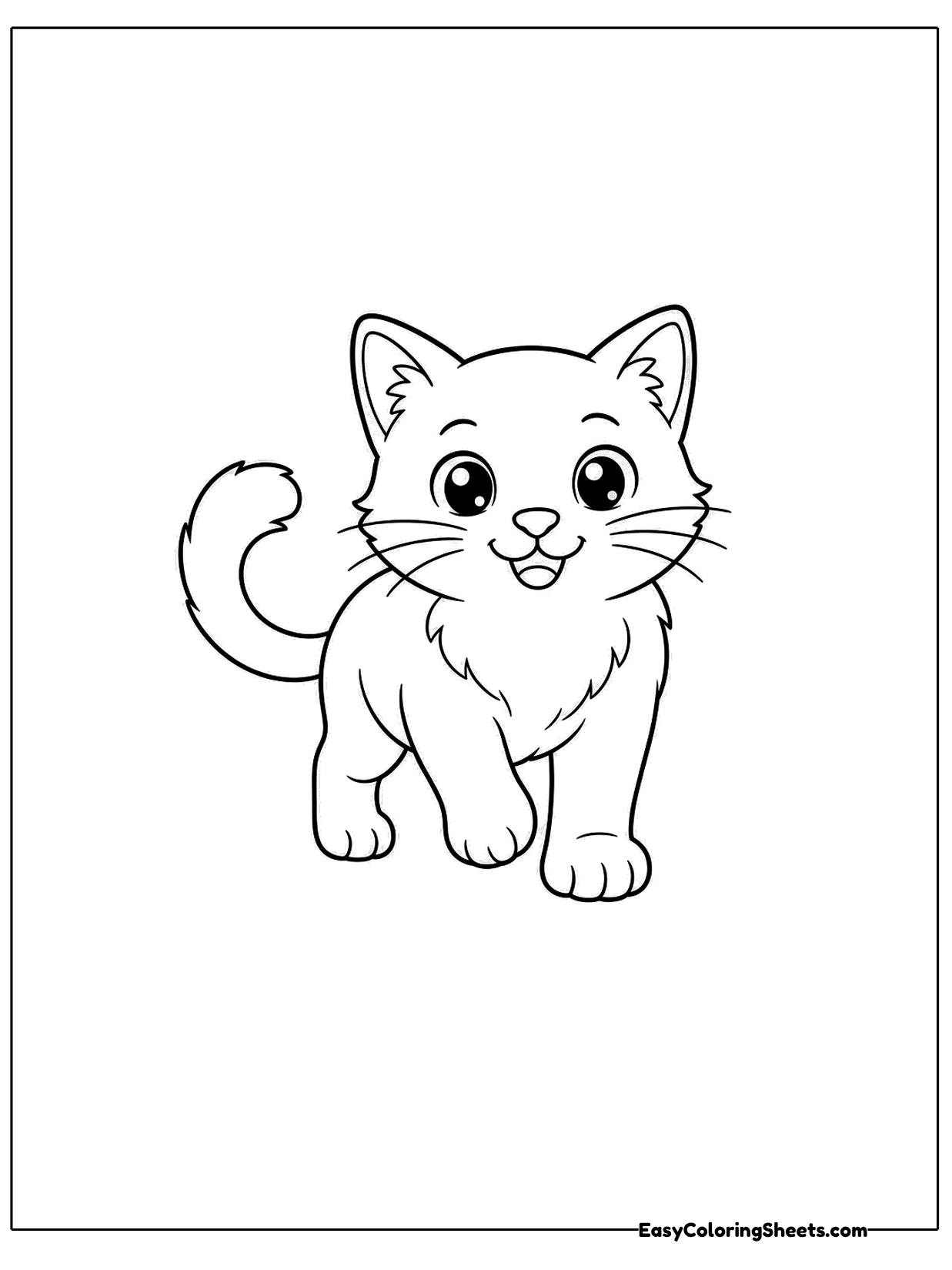 A cheerful kitten walks straight toward the viewer with one paw stepping out and its tail swishing behind.