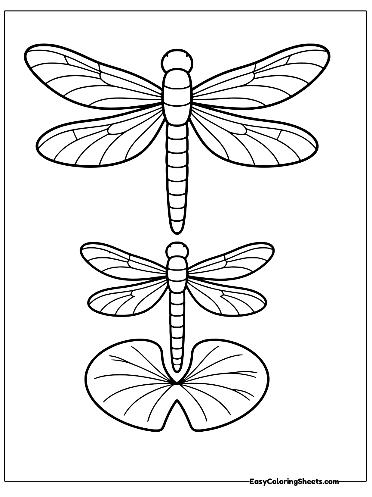 Two dragonflies hover one above the other over a lily pad floating on the pond.