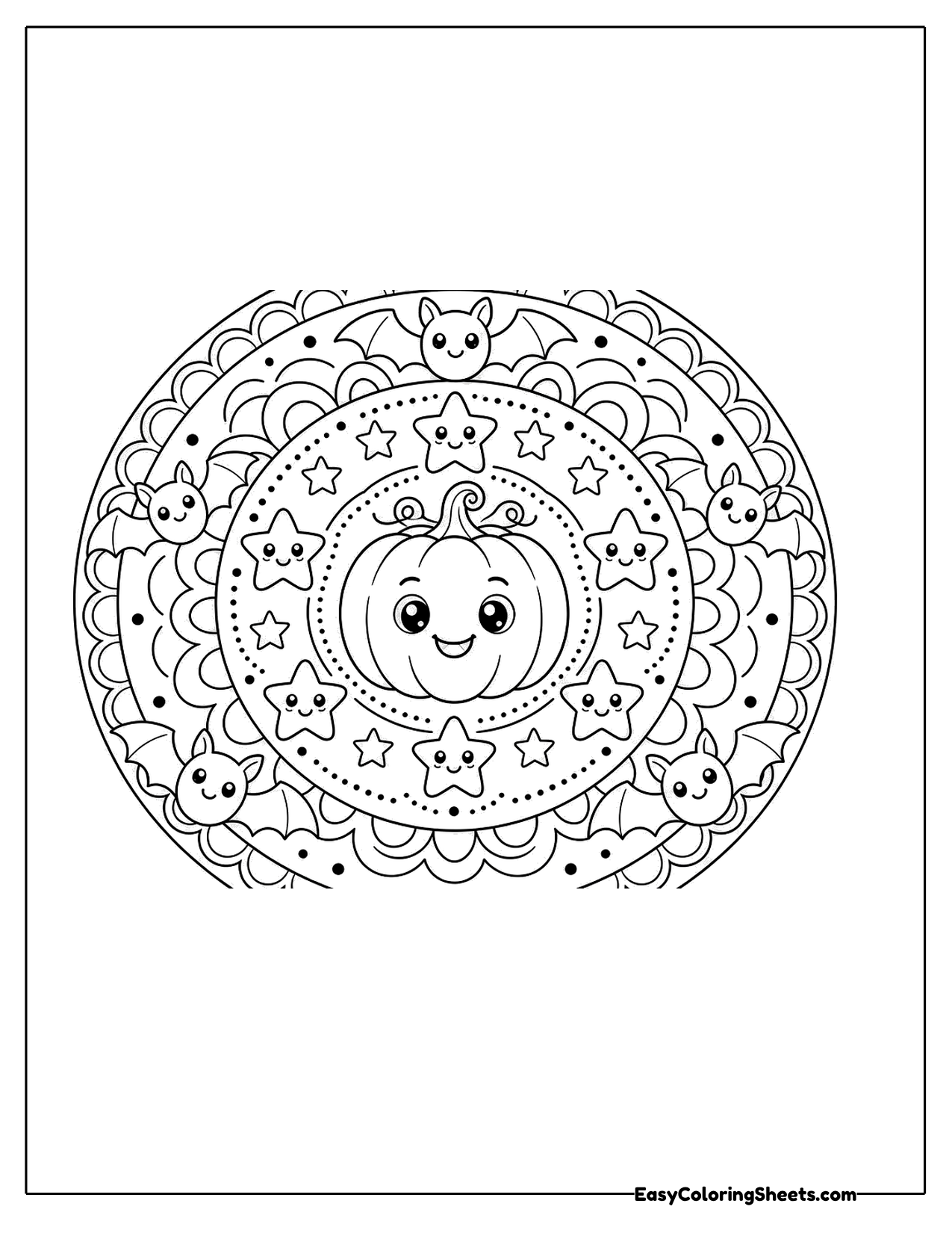 Wide Halloween mandala with a cute pumpkin face center