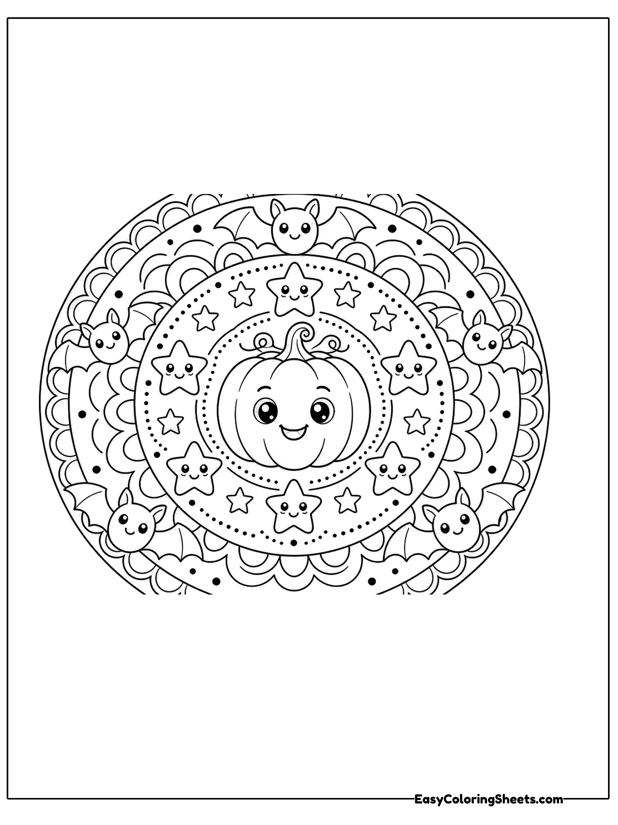 A cute pumpkin with a smiling face sits at the middle of this wide mandala, framed by lacy petals.
