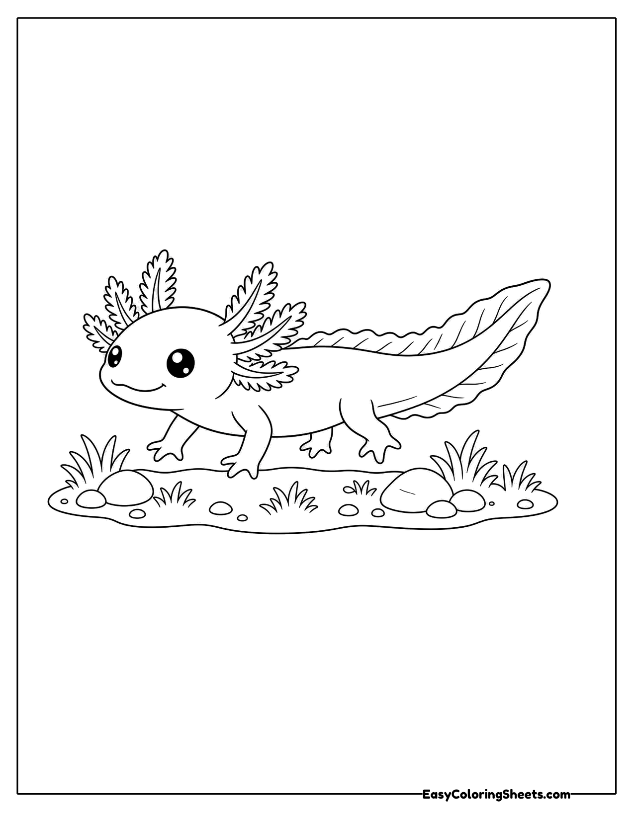 Axolotl crawling across the grass