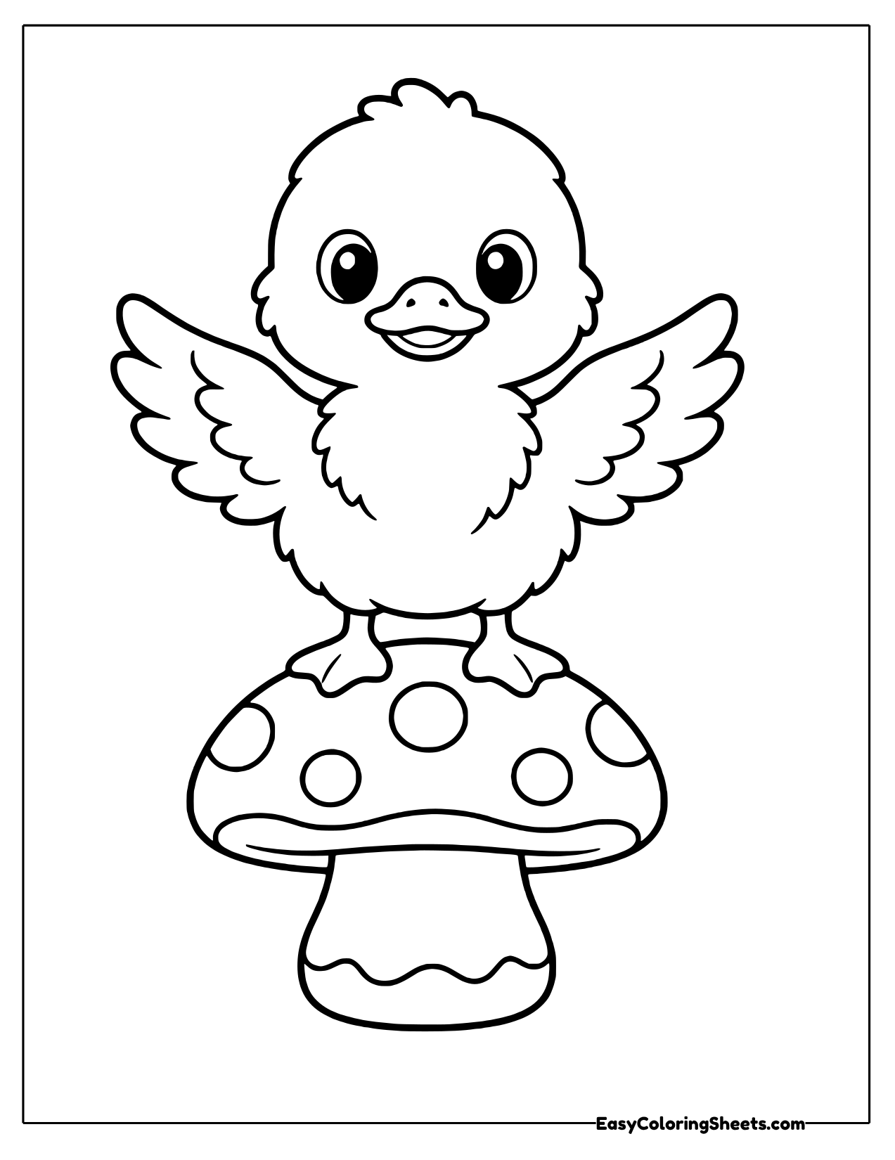 Duckling flapping on a spotted mushroom