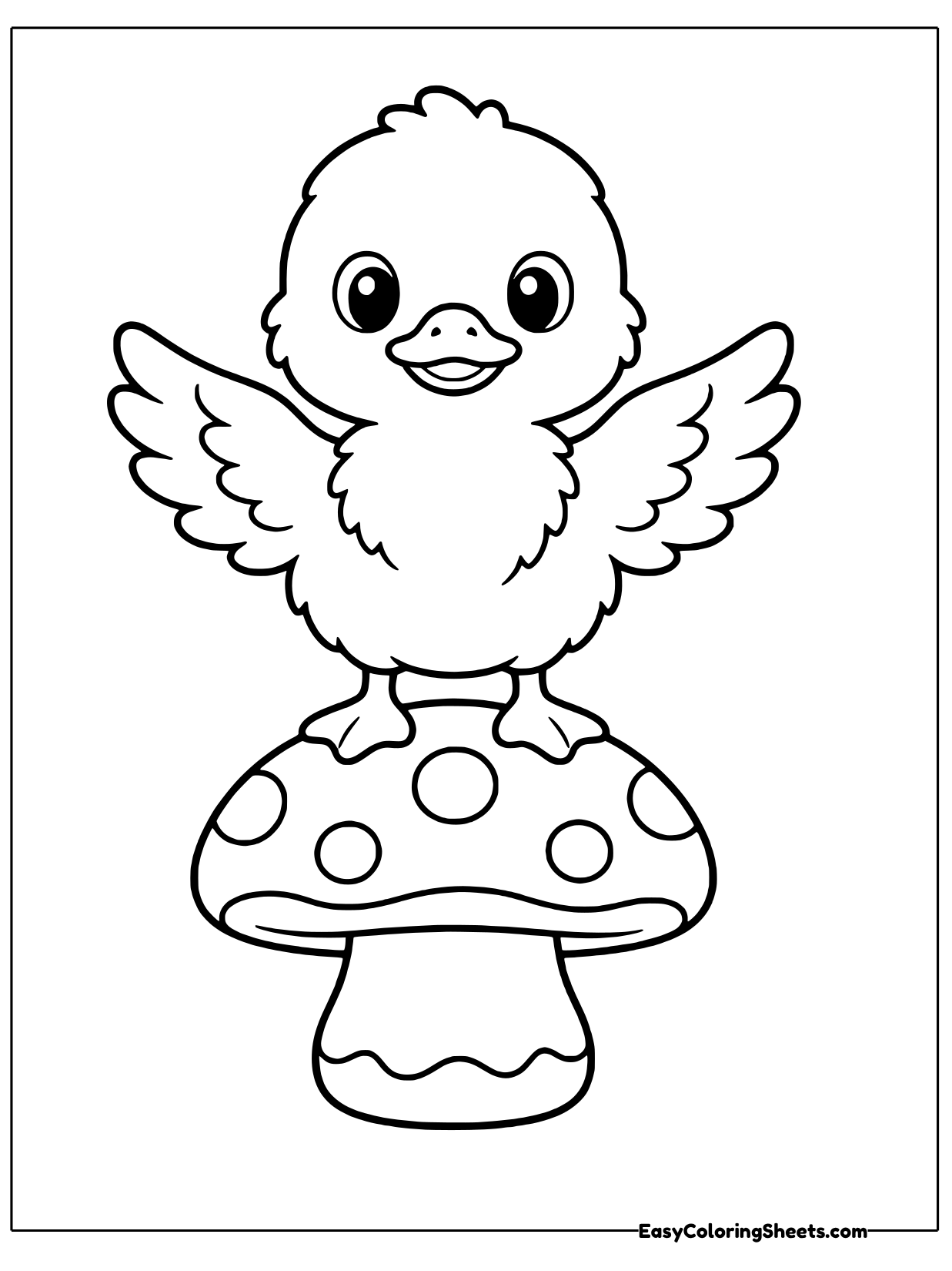 A duckling stands on top of a spotted mushroom and flaps its wings wide.