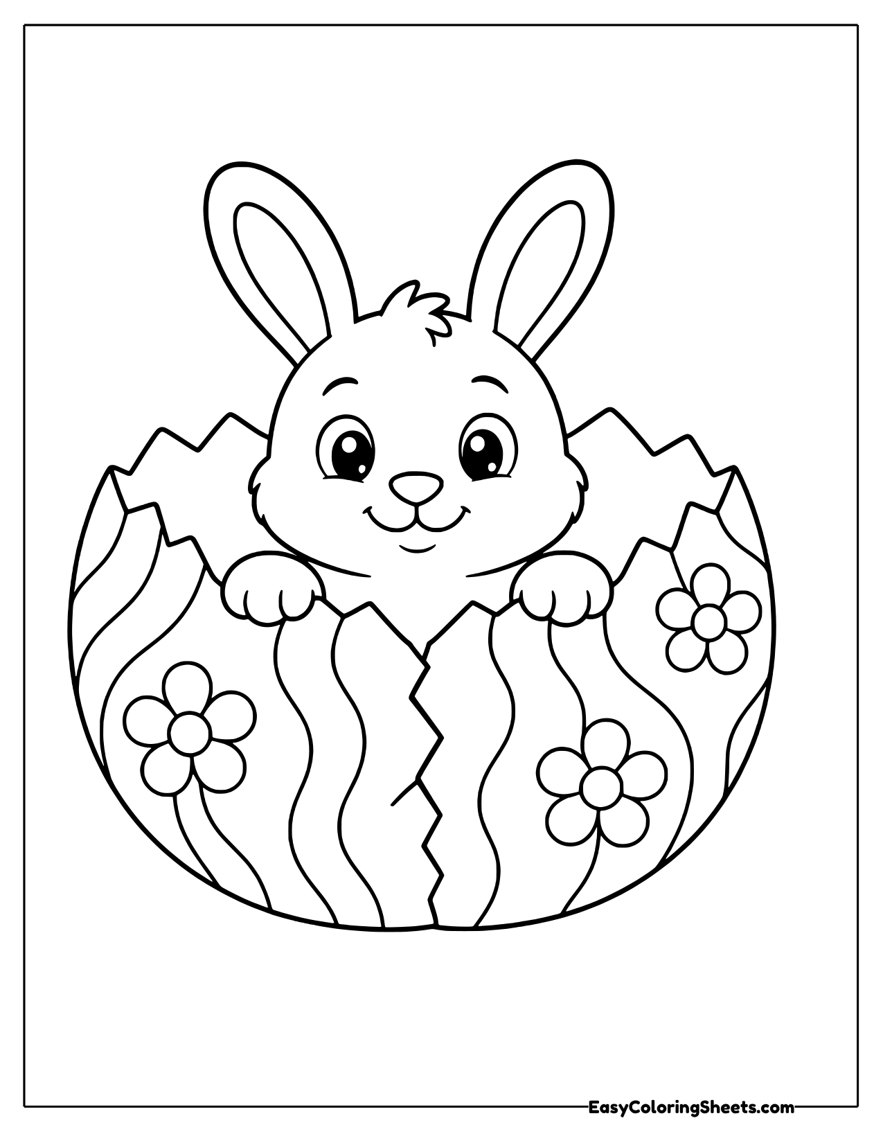 Bunny popping out of a cracked decorated Easter egg coloring page
