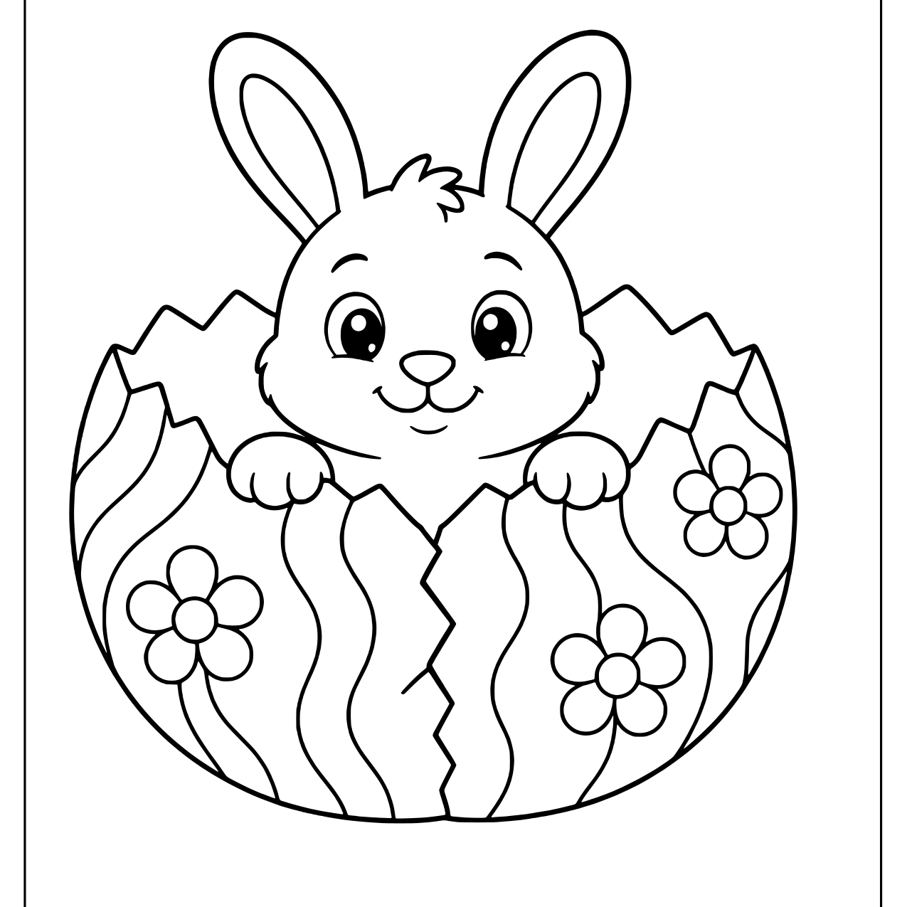 Bunny popping out of a cracked decorated Easter egg coloring page