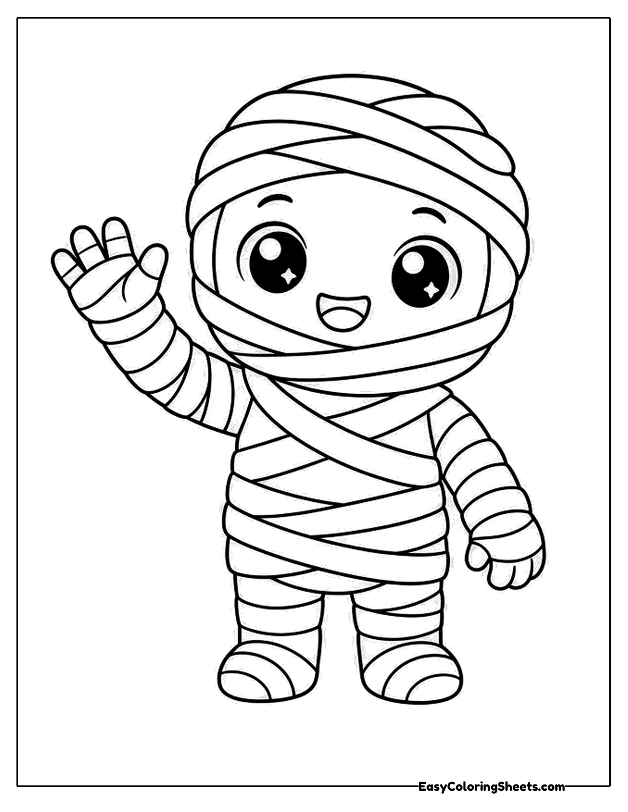 Mummy kid waving with wrapped bandages