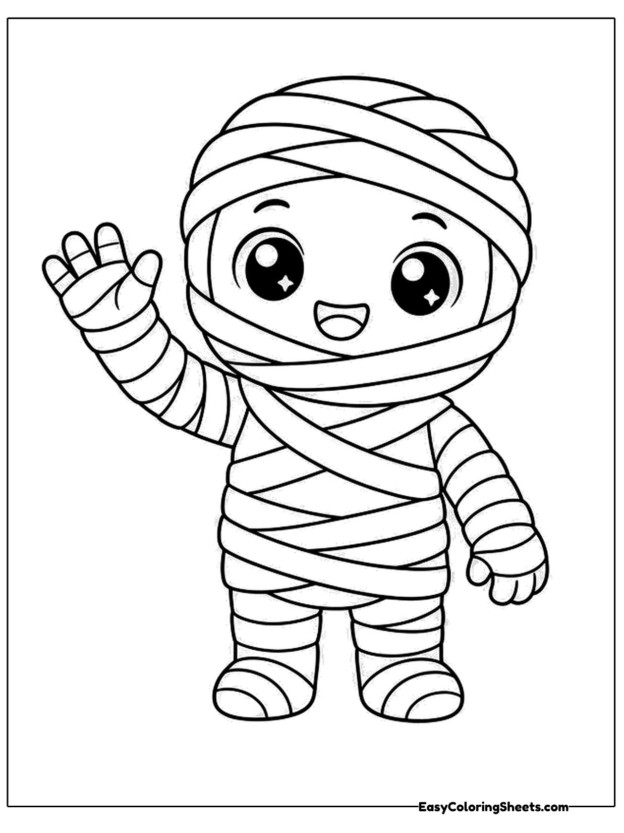 A friendly mummy kid waves hello with bandages wrapped around the whole body and big smiling eyes peeking out.