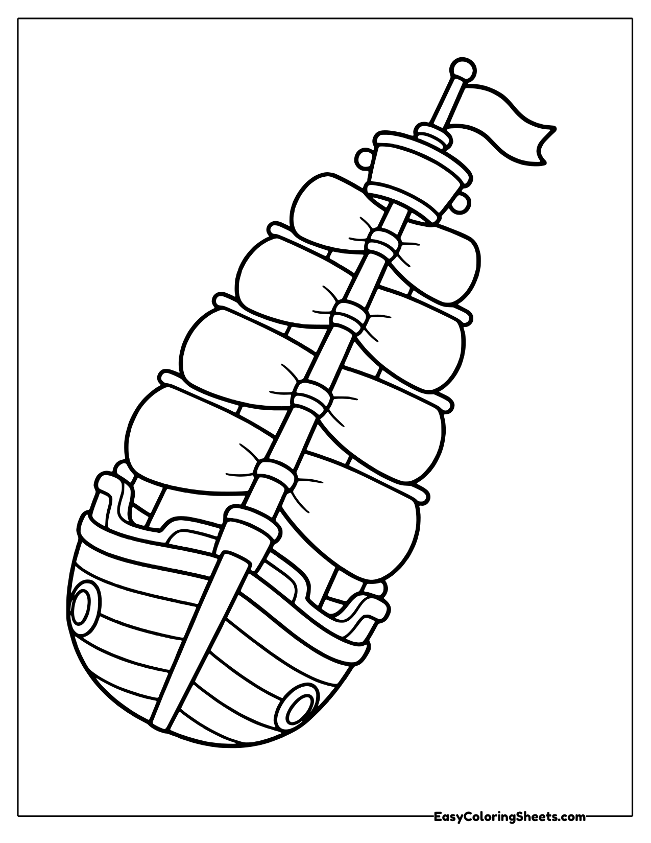 Chunky faceless cartoon pirate ship with tall rounded sails and a flag