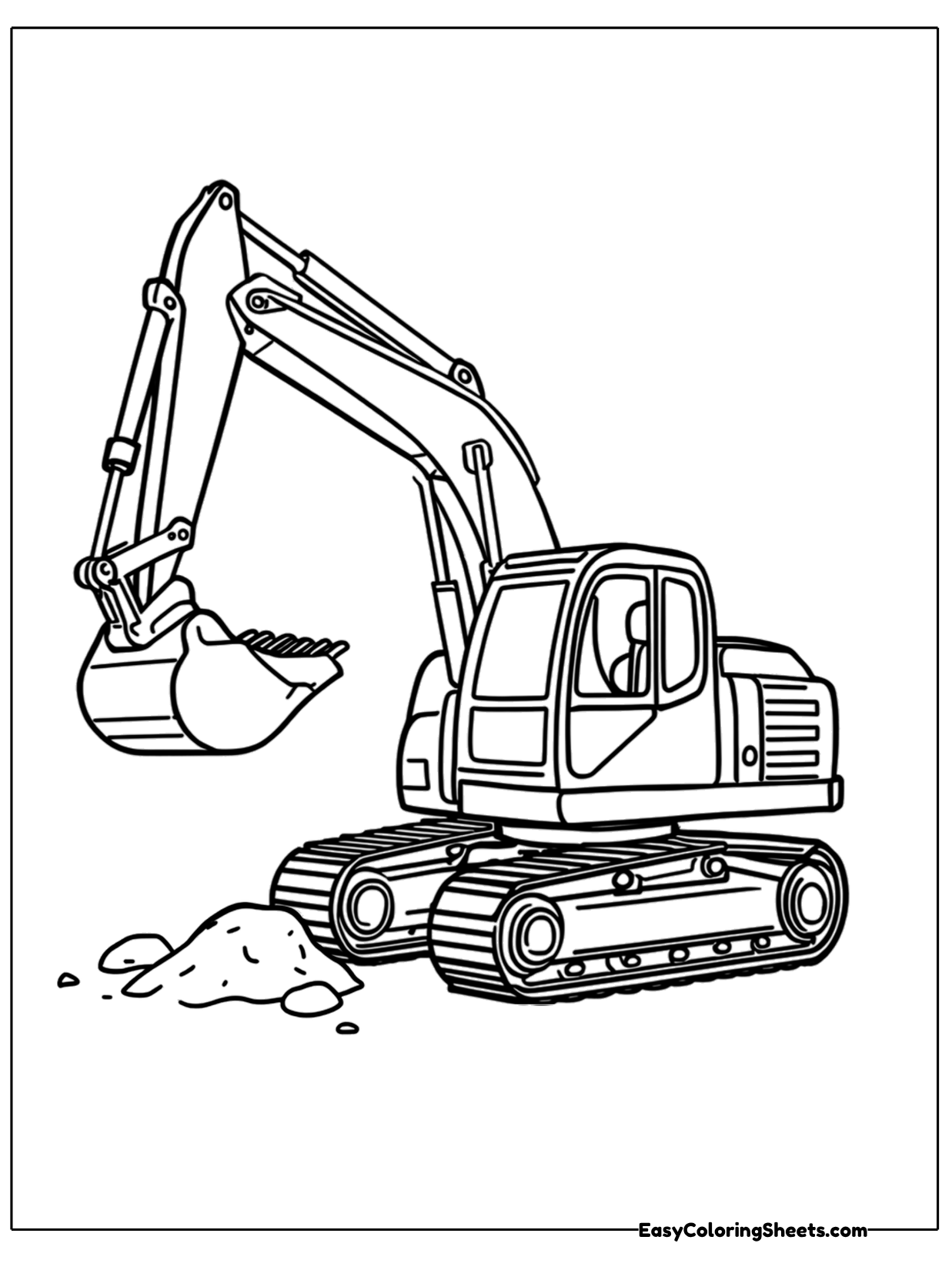 An excavator raises its bucket high with dirt and rocks falling from its teeth.