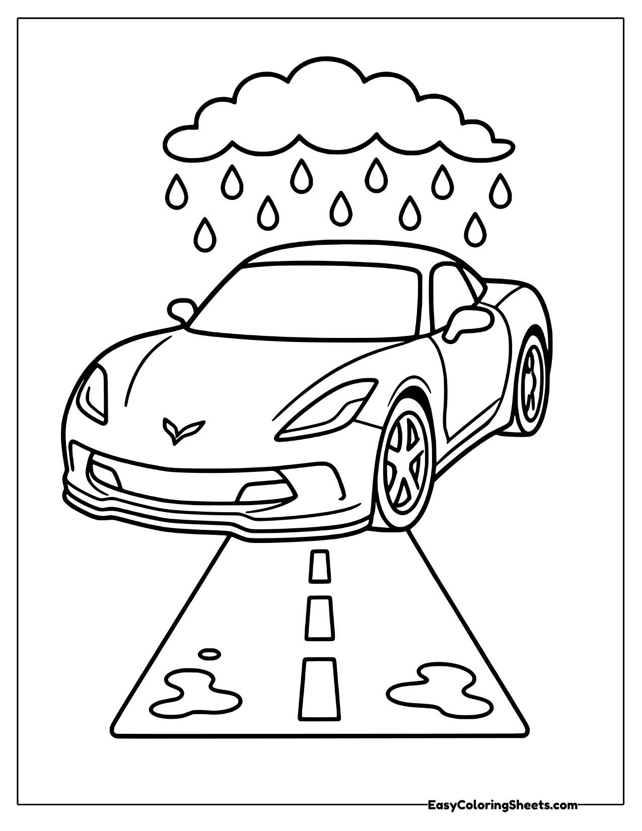 Sports car driving in a rain shower