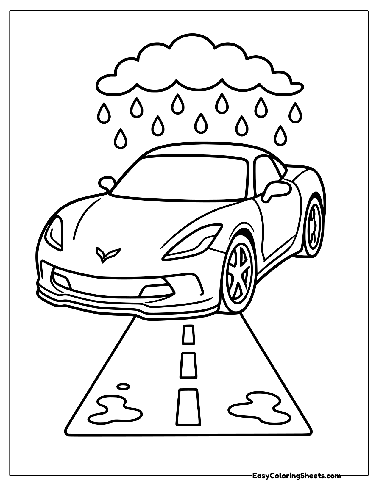 Sports car driving in a rain shower