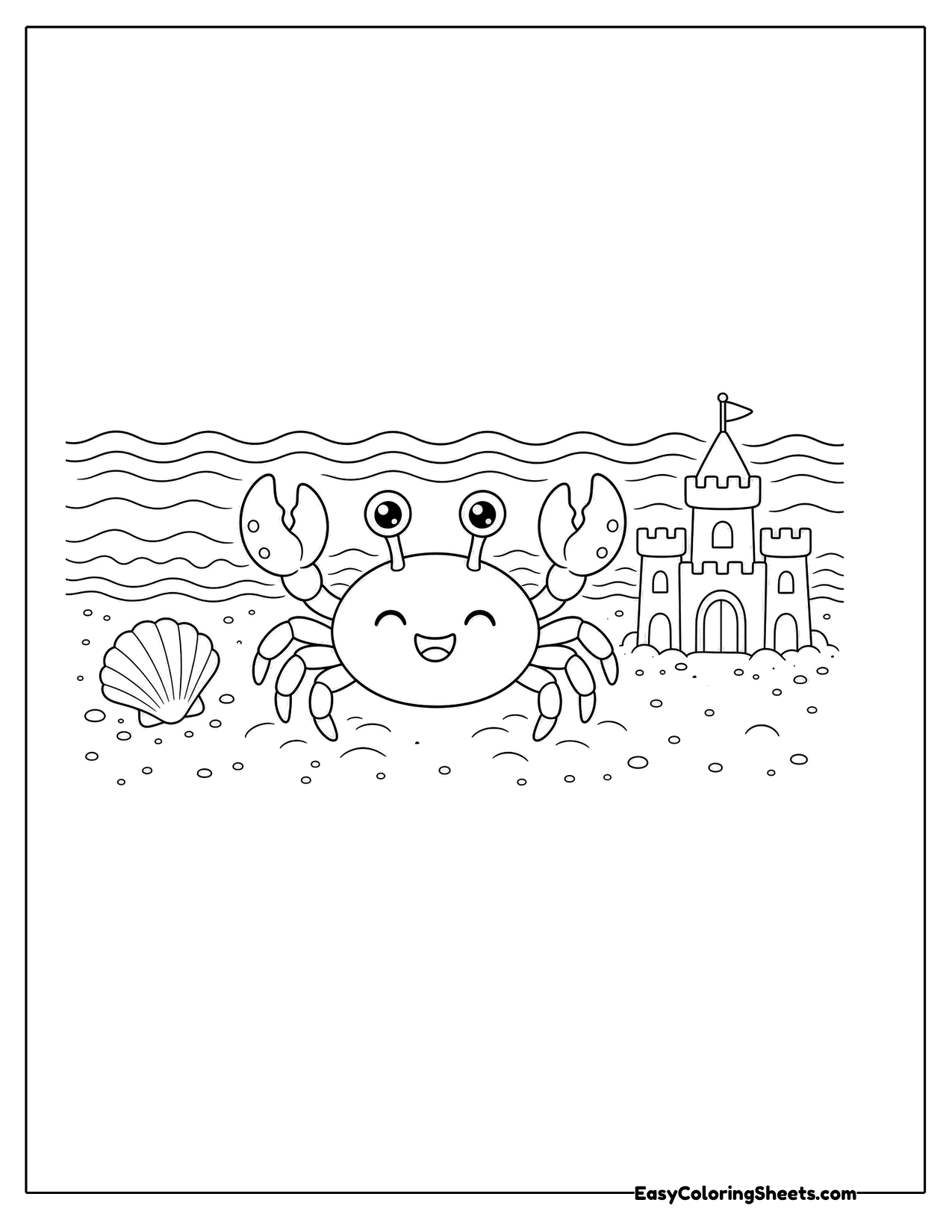 Smiling crab on a beach with a sandcastle