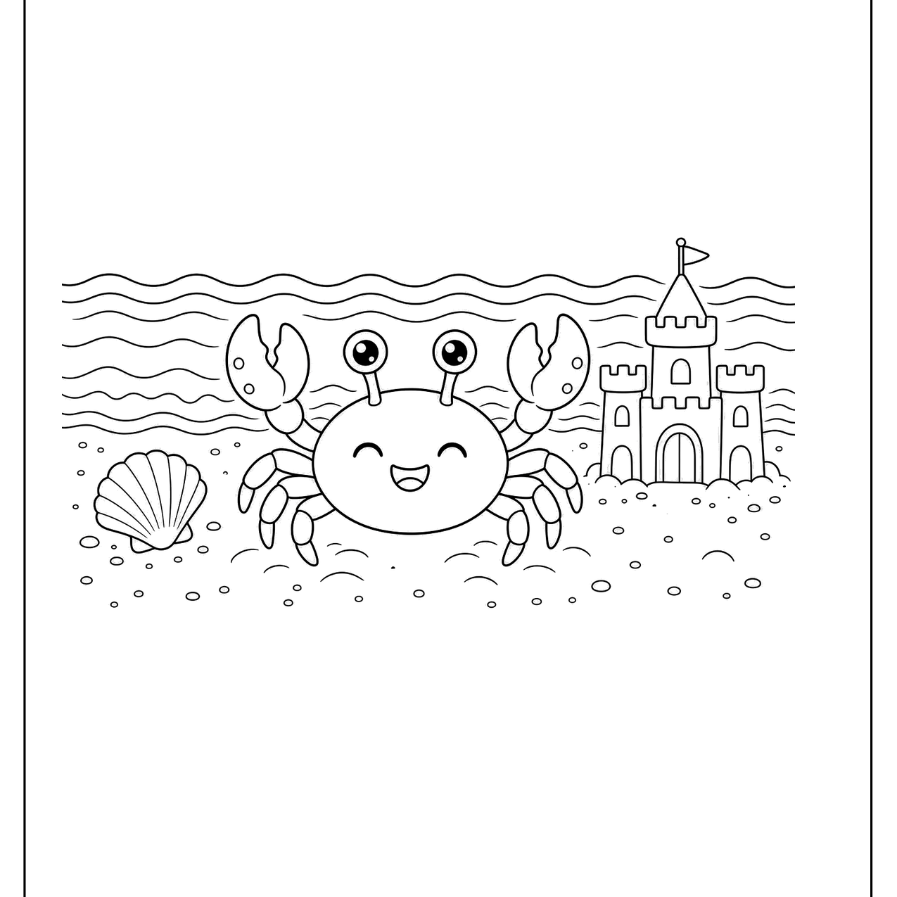 Smiling crab on a beach with a sandcastle