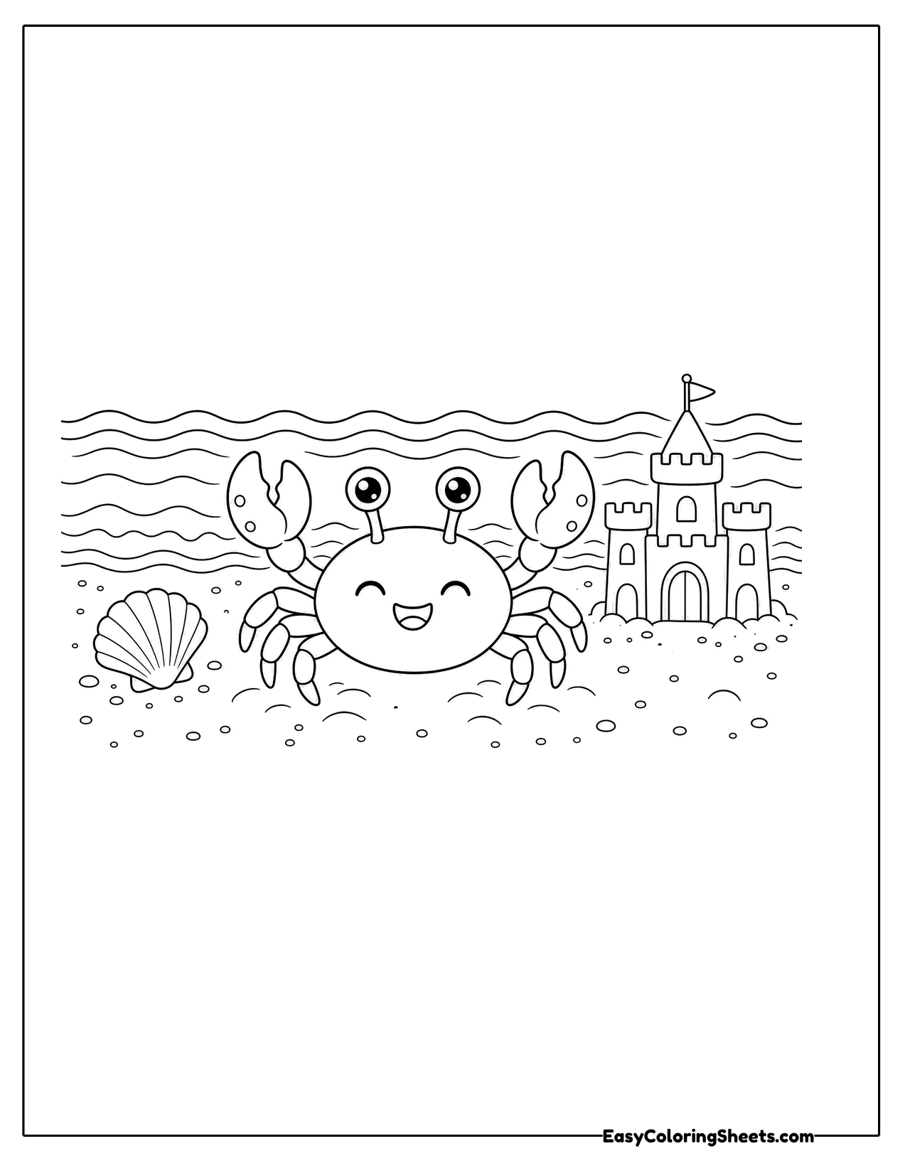Smiling crab on a beach with a sandcastle