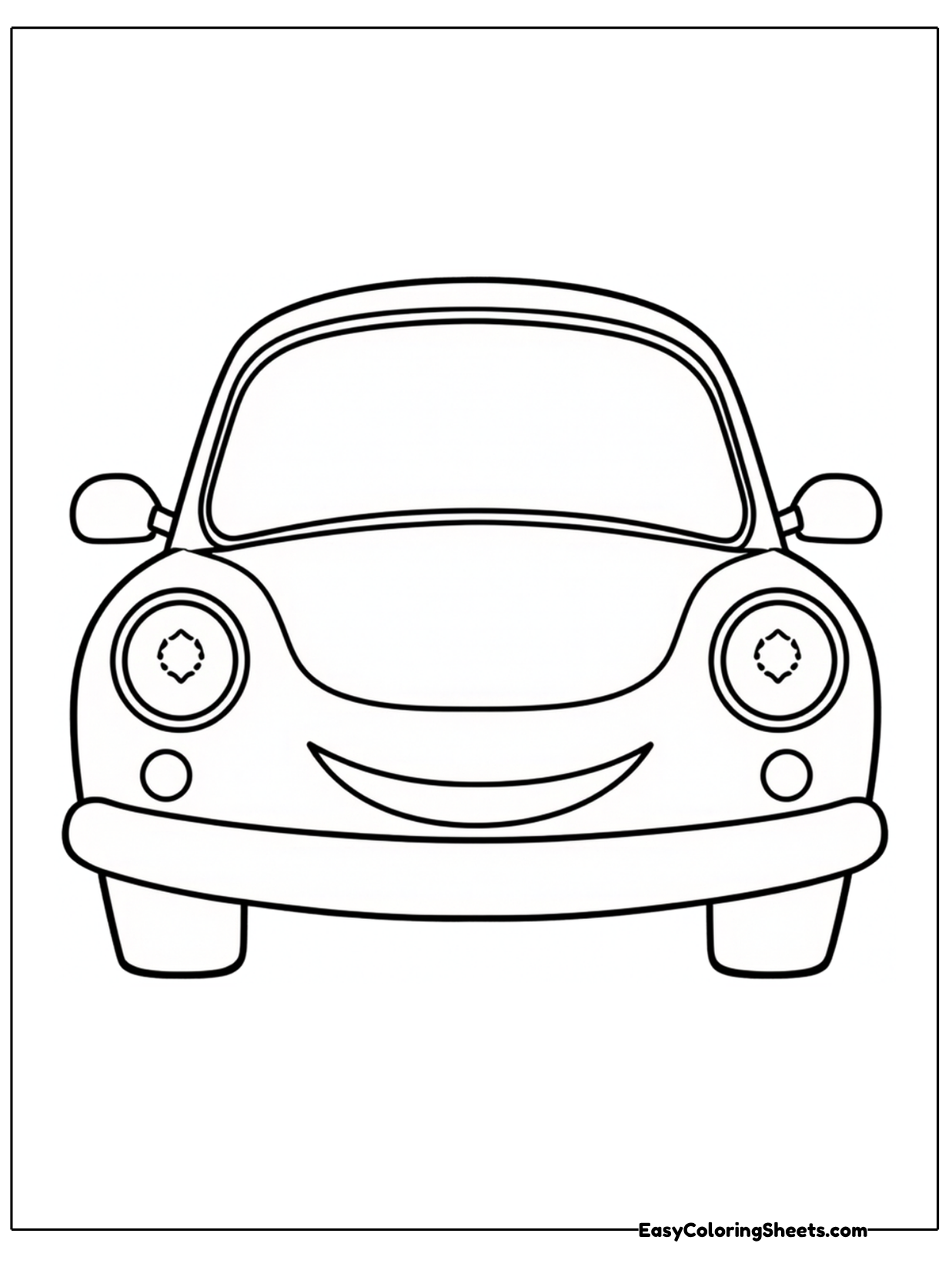 A rounded car fills the page from the front, with a curved windshield, two round headlights and a gentle smile on its bumper.