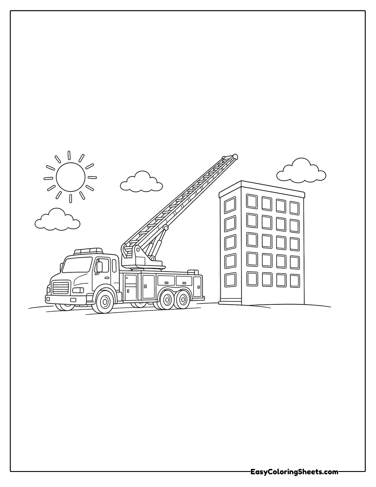Aerial ladder fire truck reaching toward a tall building