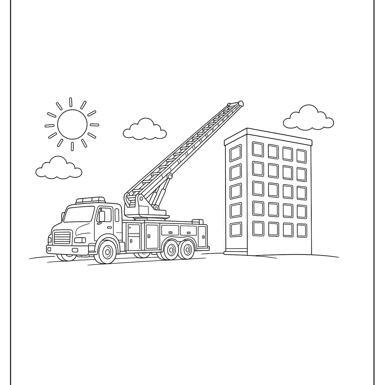 Aerial ladder fire truck reaching toward a tall building