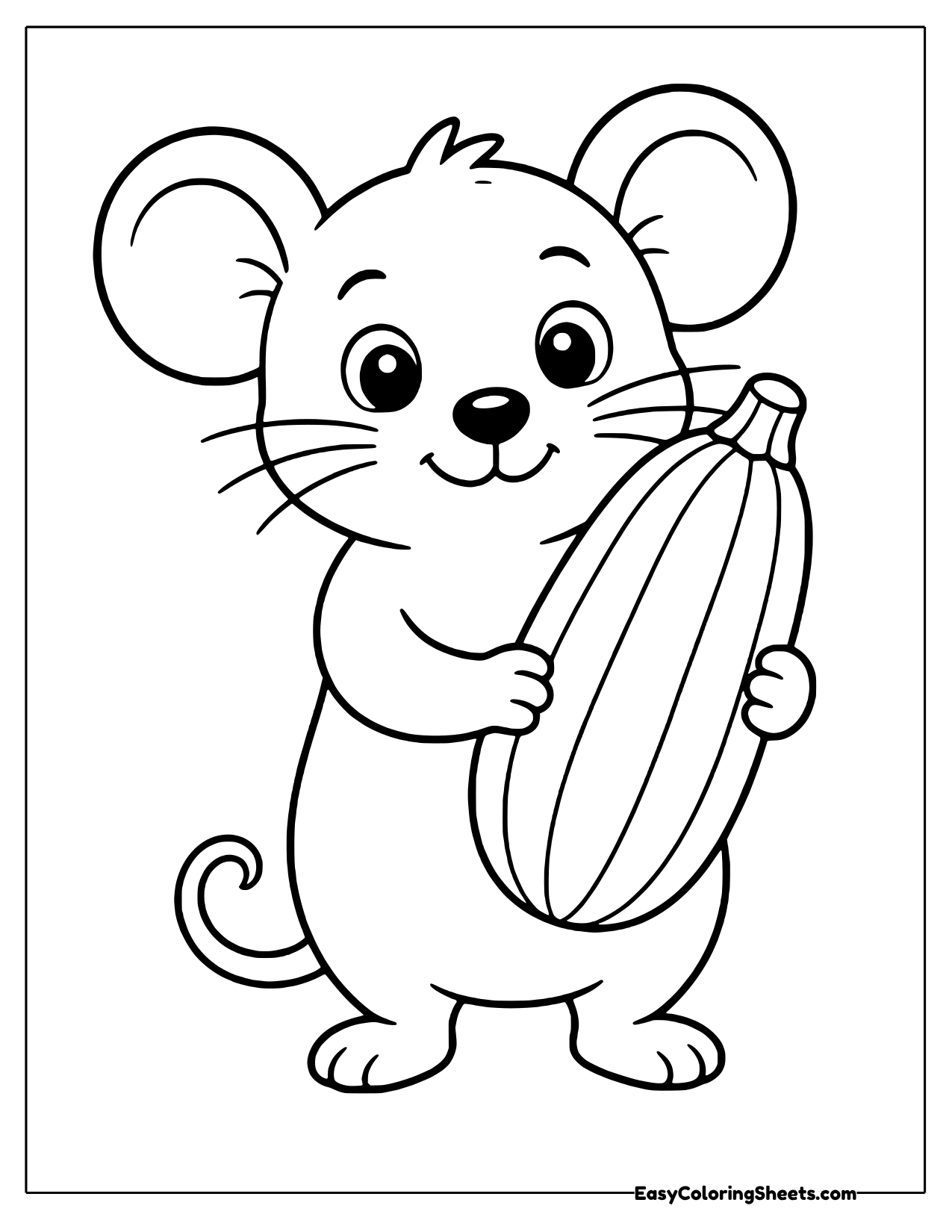 Mouse with big ears holding a striped zucchini