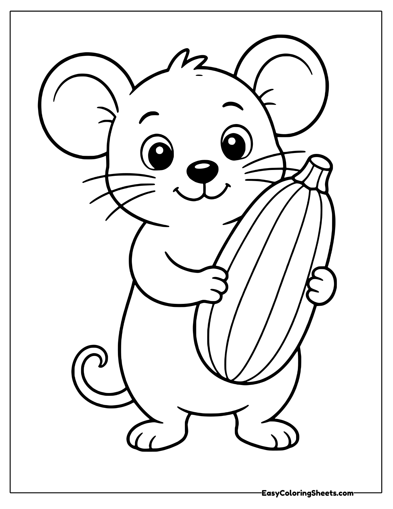 Mouse with big ears holding a striped zucchini